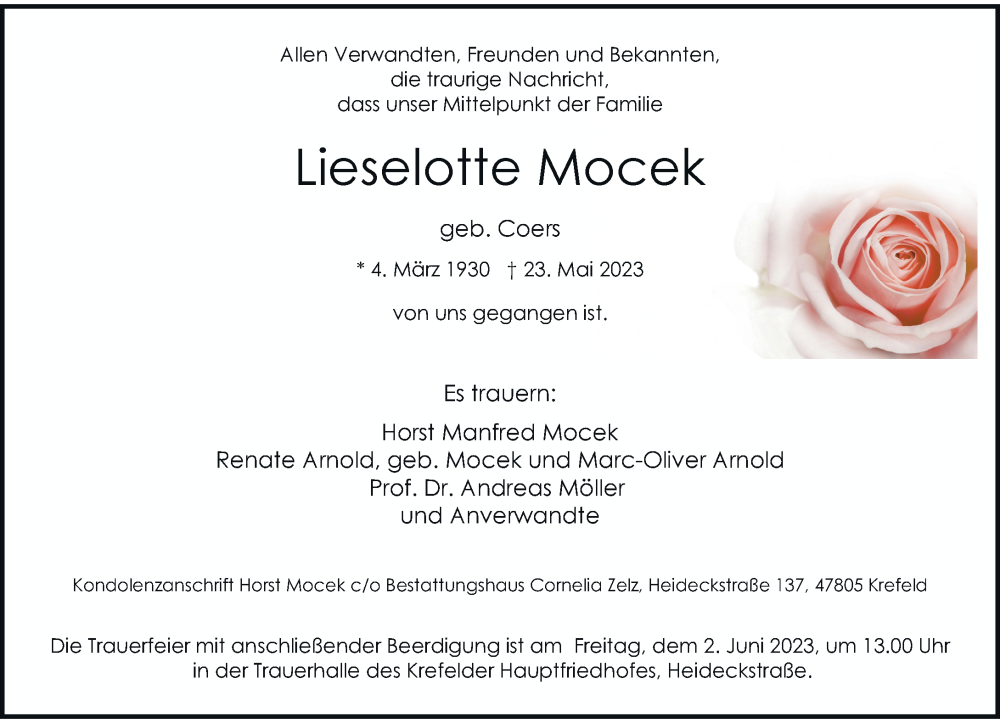  Traueranzeige für Lieselotte Mocek vom 27.05.2023 aus Rheinische Post