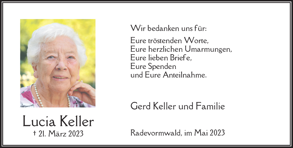  Traueranzeige für Lucia Keller vom 13.05.2023 aus Rheinische Post