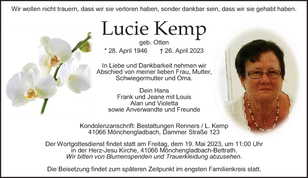  Traueranzeige für Lucie Kemp vom 13.05.2023 aus Rheinische Post