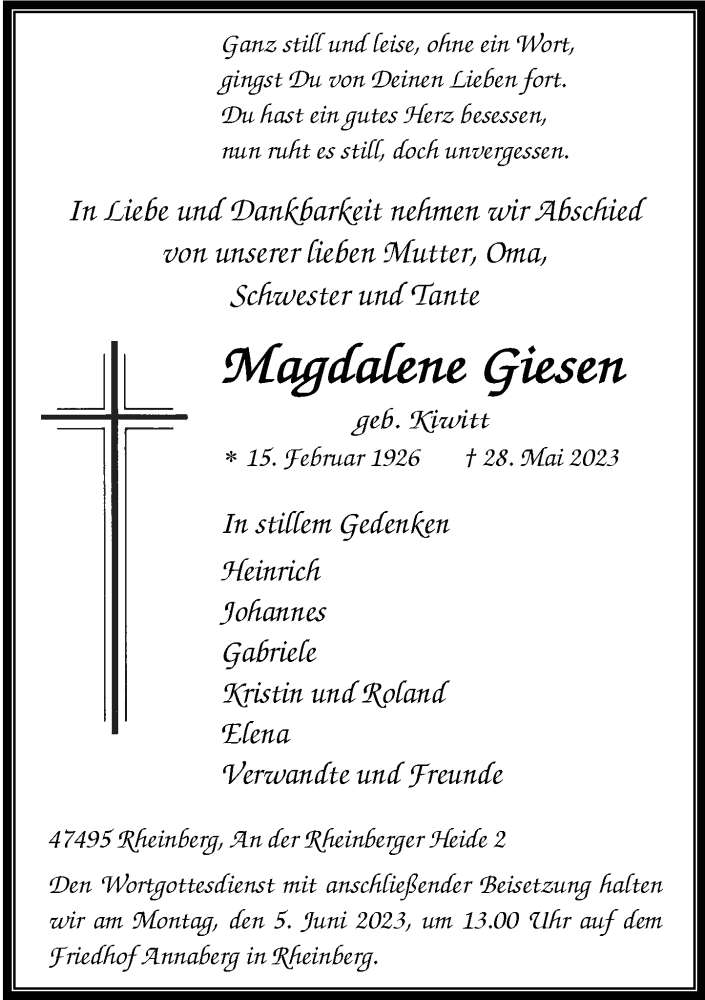  Traueranzeige für Magdalene Giesen vom 01.06.2023 aus Rheinische Post