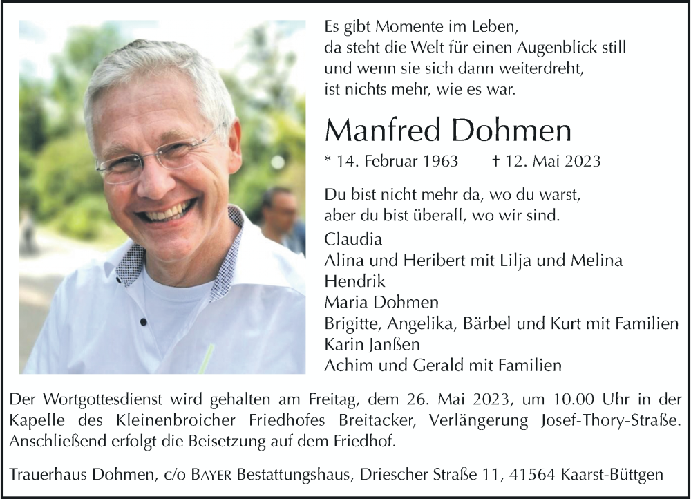  Traueranzeige für Manfred Dohmen vom 24.05.2023 aus Rheinische Post