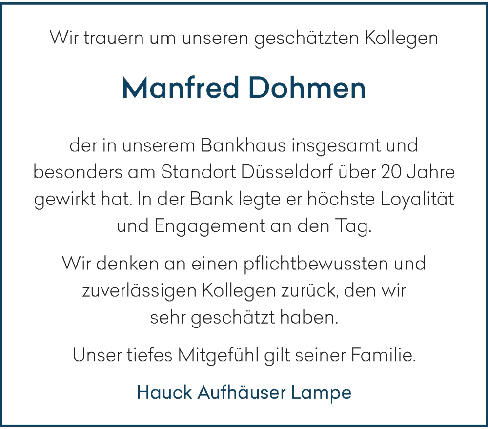  Traueranzeige für Manfred Dohmen vom 27.05.2023 aus Rheinische Post