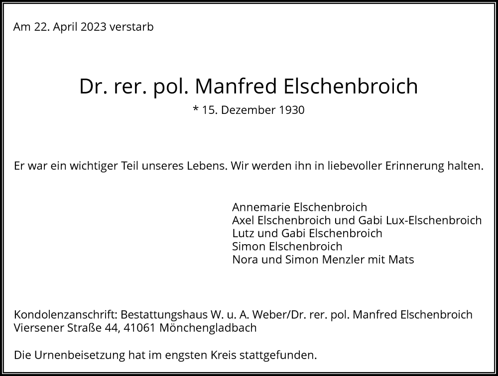  Traueranzeige für Manfred Elschenbroich vom 13.05.2023 aus Rheinische Post