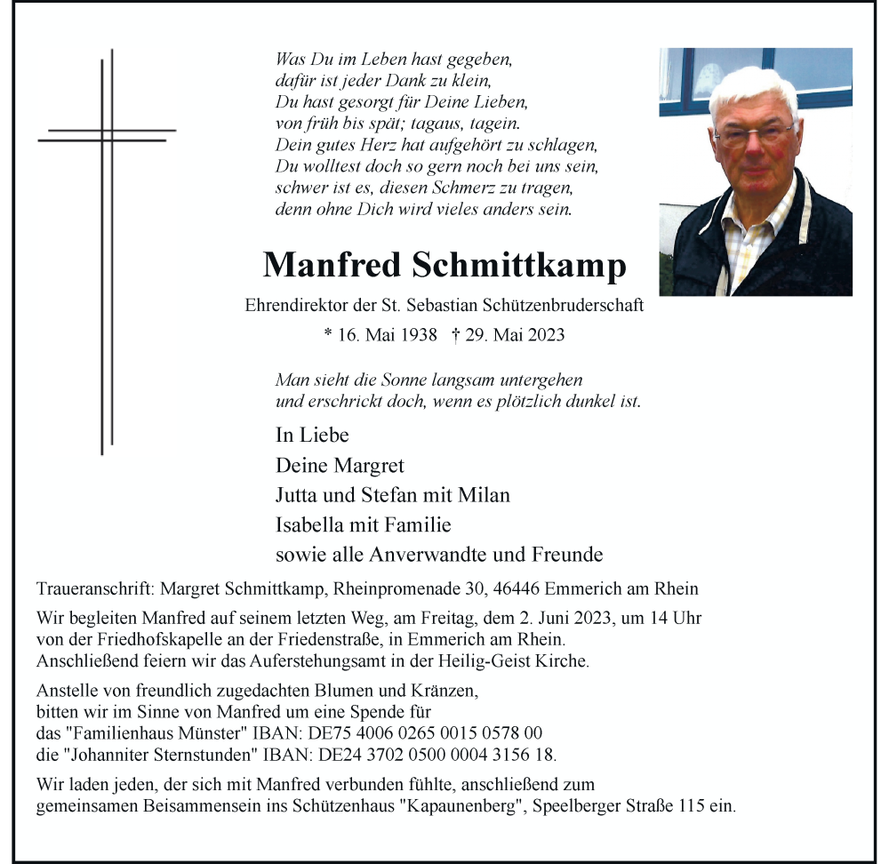  Traueranzeige für Manfred Schmittkamp vom 31.05.2023 aus Rheinische Post