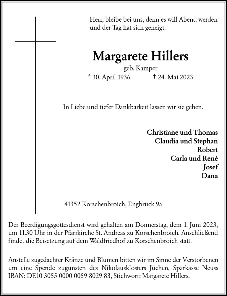  Traueranzeige für Margarete Hillers vom 27.05.2023 aus Rheinische Post