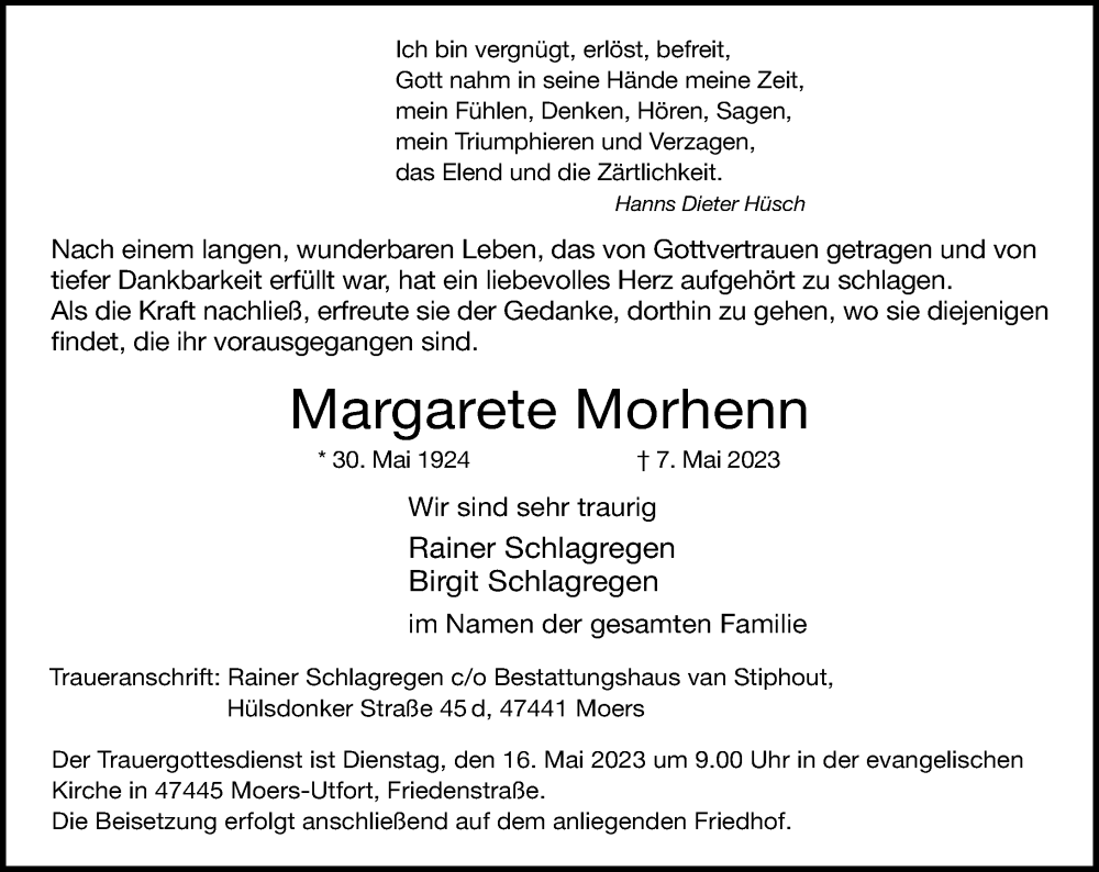  Traueranzeige für Margarete Morhenn vom 11.05.2023 aus Rheinische Post