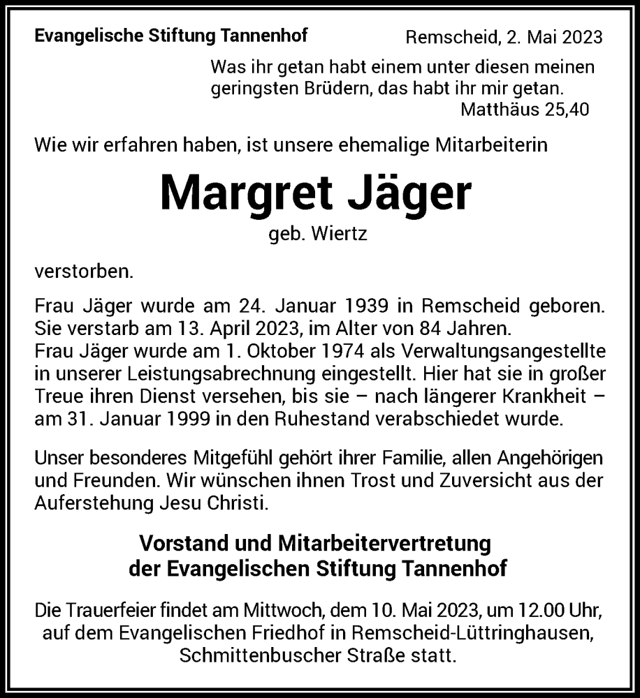  Traueranzeige für Margret Jäger vom 03.05.2023 aus Rheinische Post