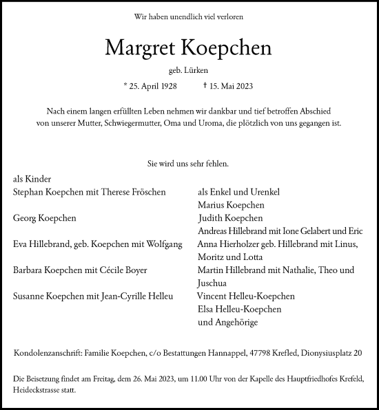 Traueranzeige von Margret Koepchen von Rheinische Post