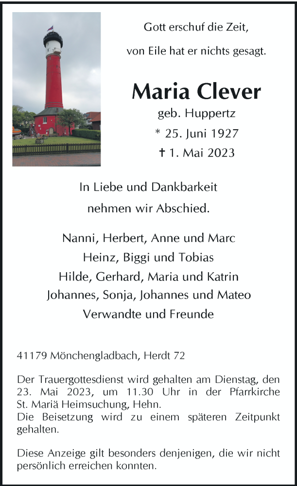  Traueranzeige für Maria Clever vom 13.05.2023 aus Rheinische Post