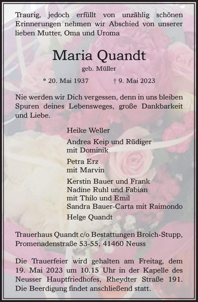  Traueranzeige für Maria Quandt vom 13.05.2023 aus Rheinische Post