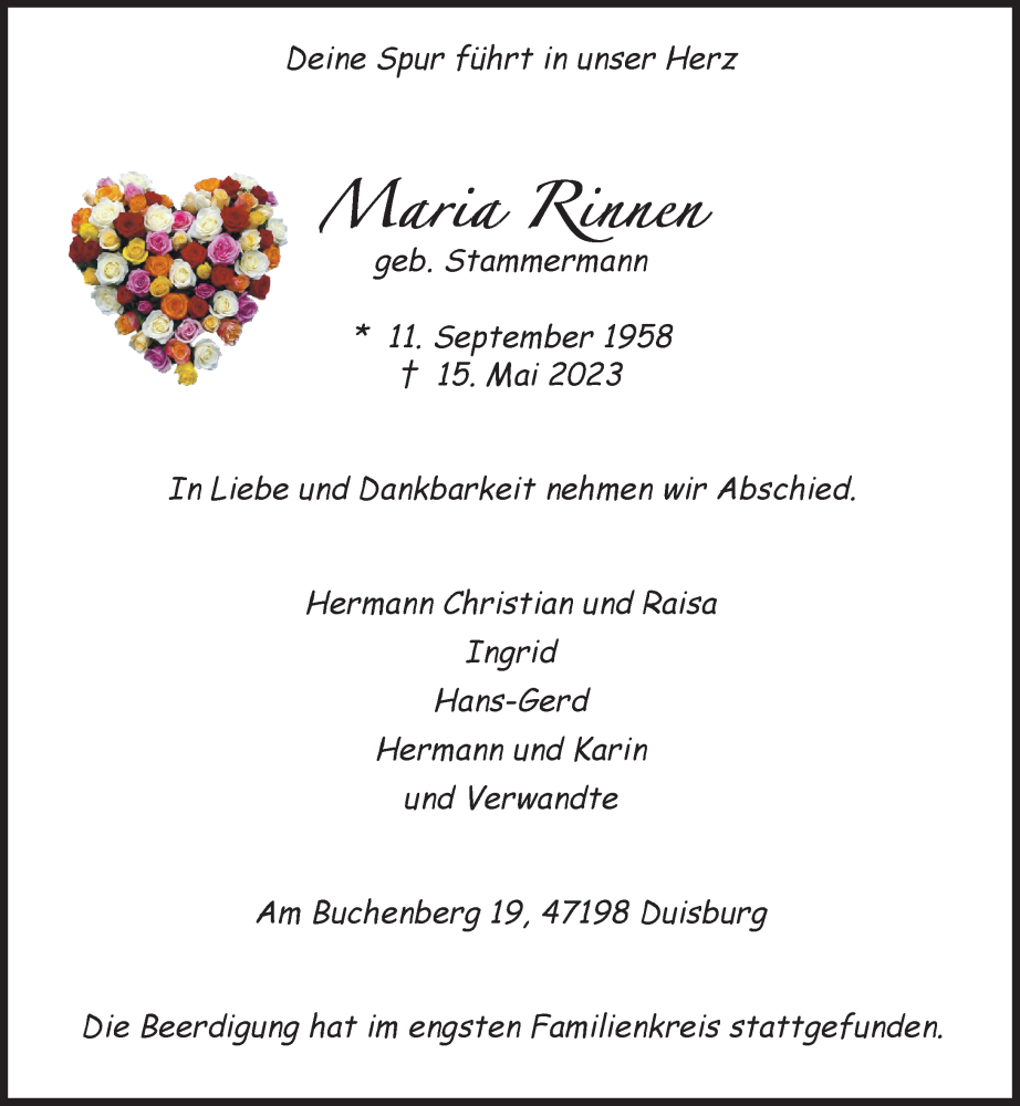  Traueranzeige für Maria Rinnen vom 23.05.2023 aus Rheinische Post