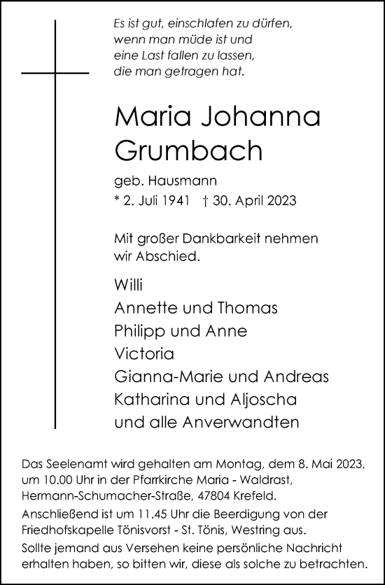 Traueranzeige von Maria Johanna Grumbach von Rheinische Post