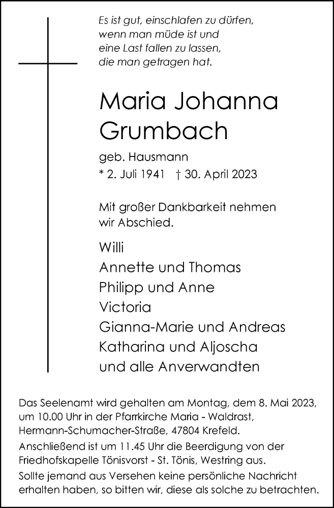  Traueranzeige für Maria Johanna Grumbach vom 06.05.2023 aus Rheinische Post