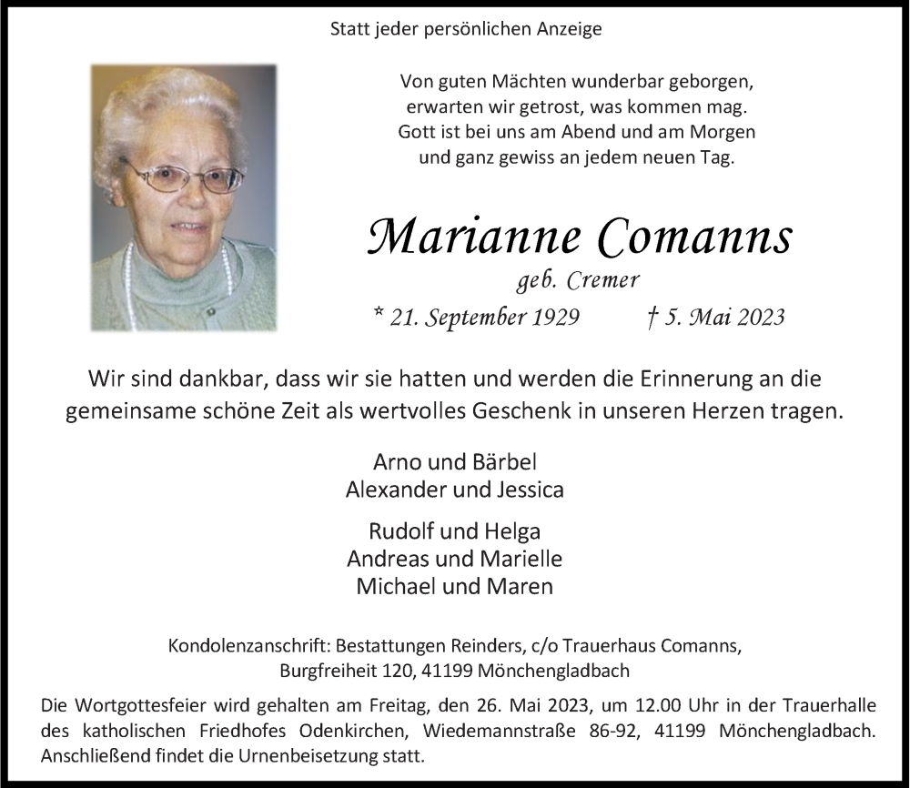  Traueranzeige für Marianne Comanns vom 13.05.2023 aus Rheinische Post