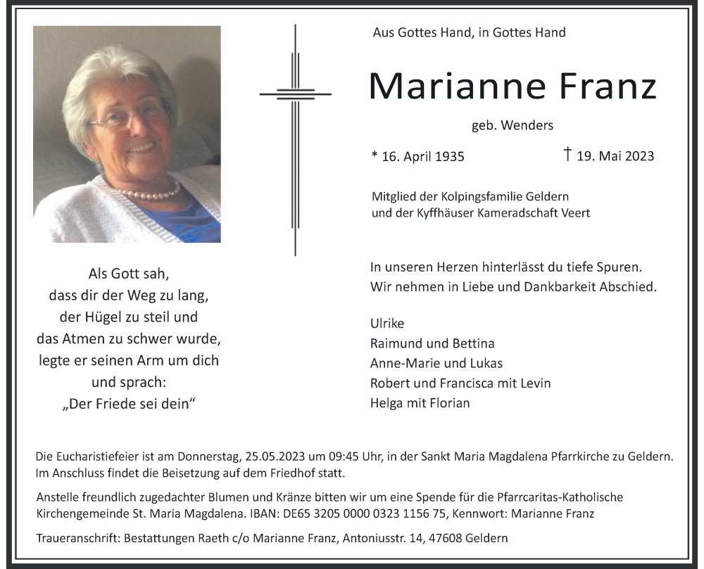  Traueranzeige für Marianne Franz vom 23.05.2023 aus Rheinische Post