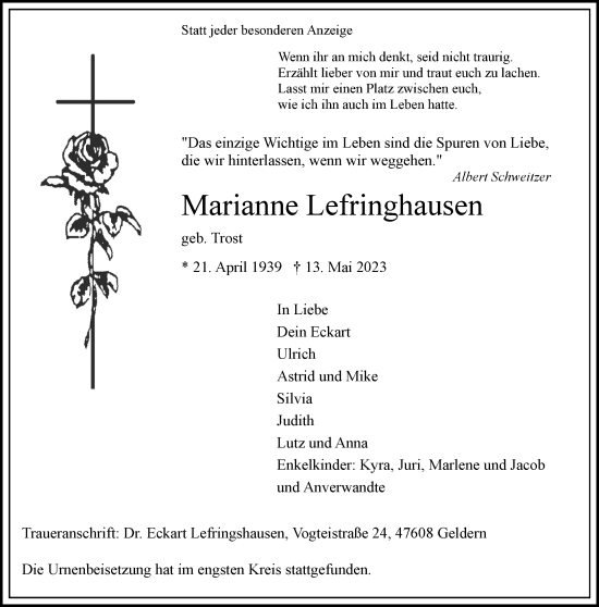 Traueranzeige von Marianne Lefringhausen von Rheinische Post