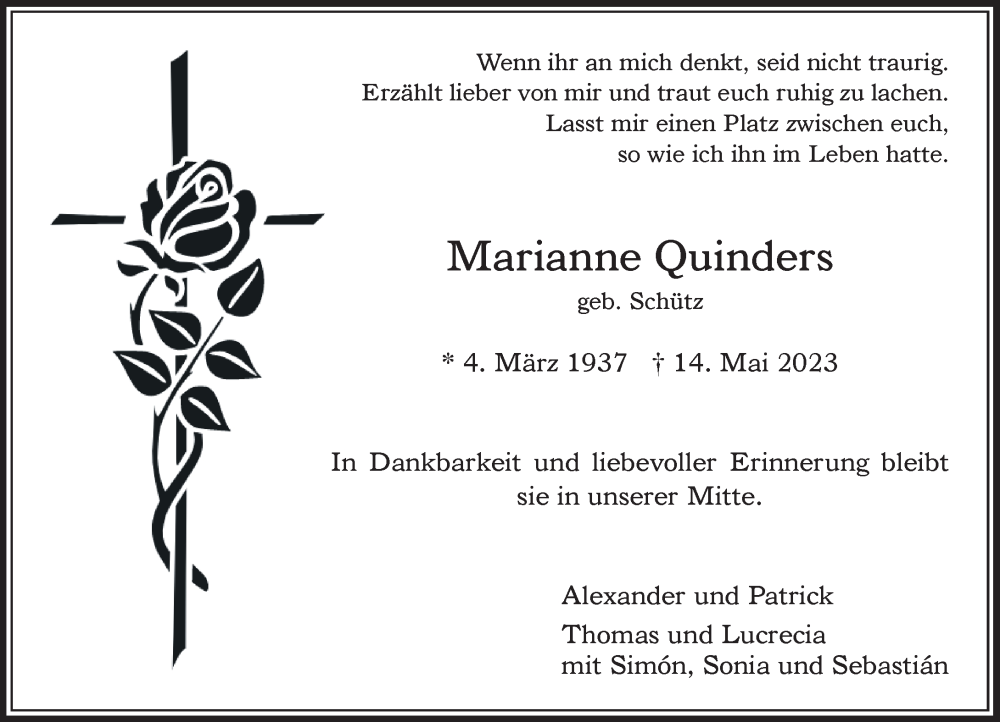  Traueranzeige für Marianne Quinders vom 18.05.2023 aus Rheinische Post