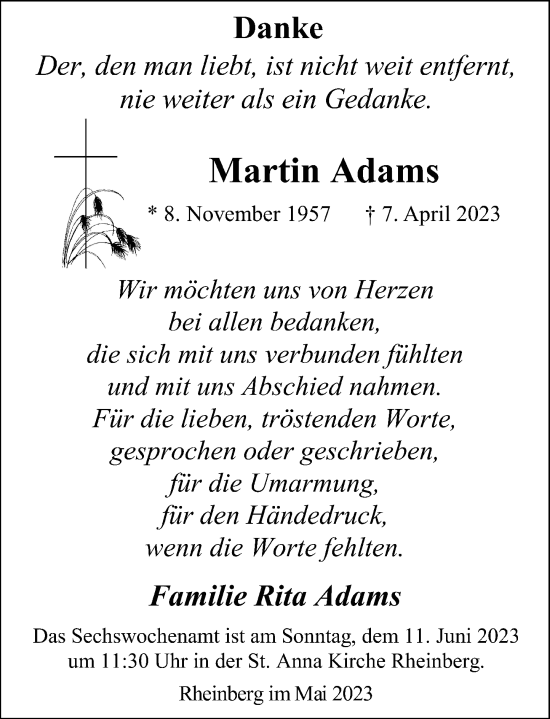 Traueranzeige von Martin Adams von Rheinische Post