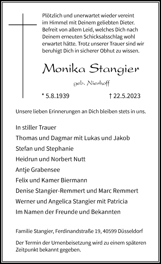  Traueranzeige für Monika Stangier vom 27.05.2023 aus Rheinische Post