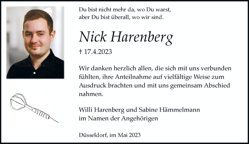  Traueranzeige für Nick Harenberg vom 27.05.2023 aus Rheinische Post
