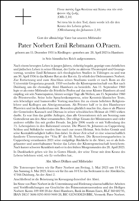 Traueranzeige von Norbert Emil Rebmann O.Praem. von Rheinische Post