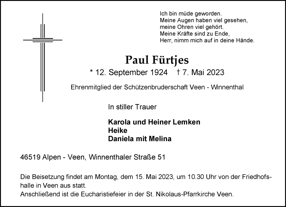  Traueranzeige für Paul Fürtjes vom 13.05.2023 aus Rheinische Post