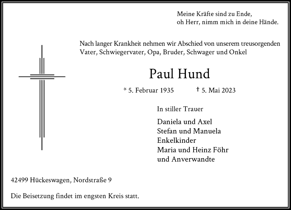  Traueranzeige für Paul Hund vom 13.05.2023 aus Rheinische Post