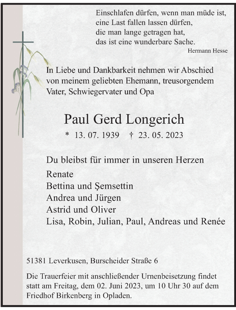  Traueranzeige für Paul Gerd Longerich vom 27.05.2023 aus Rheinische Post