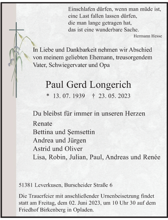 Traueranzeige von Paul Gerd Longerich von Rheinische Post