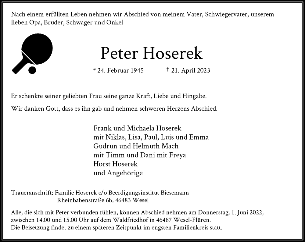  Traueranzeige für Peter Hoserek vom 20.05.2023 aus Rheinische Post