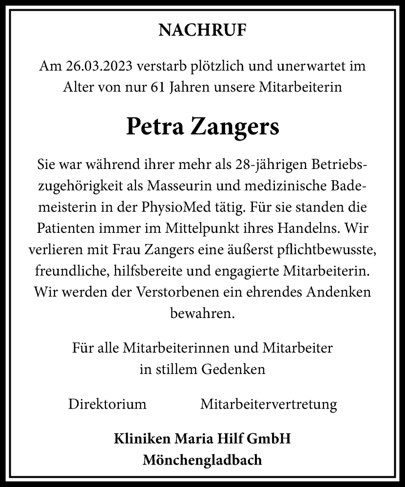  Traueranzeige für Petra Zangers vom 27.05.2023 aus Rheinische Post