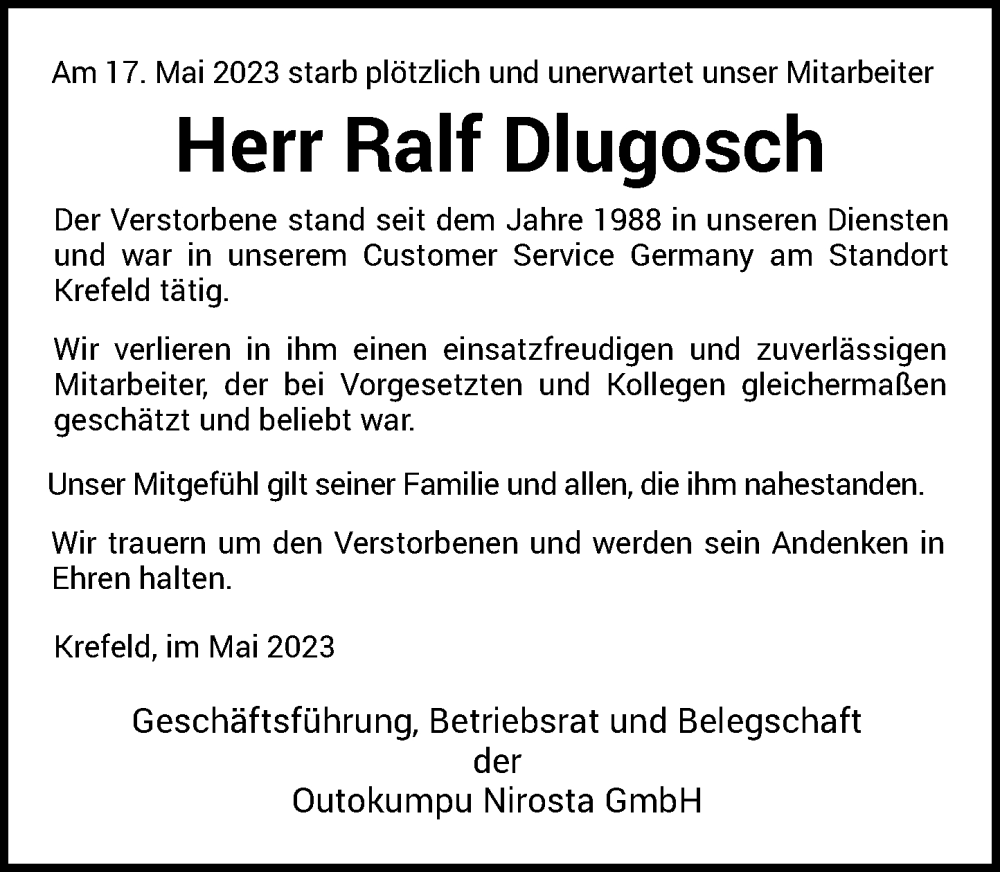  Traueranzeige für Ralf Dlugosch vom 27.05.2023 aus Rheinische Post