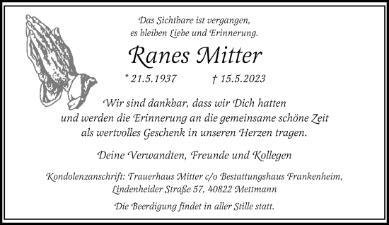 Traueranzeige von Ranes Mitter von Rheinische Post