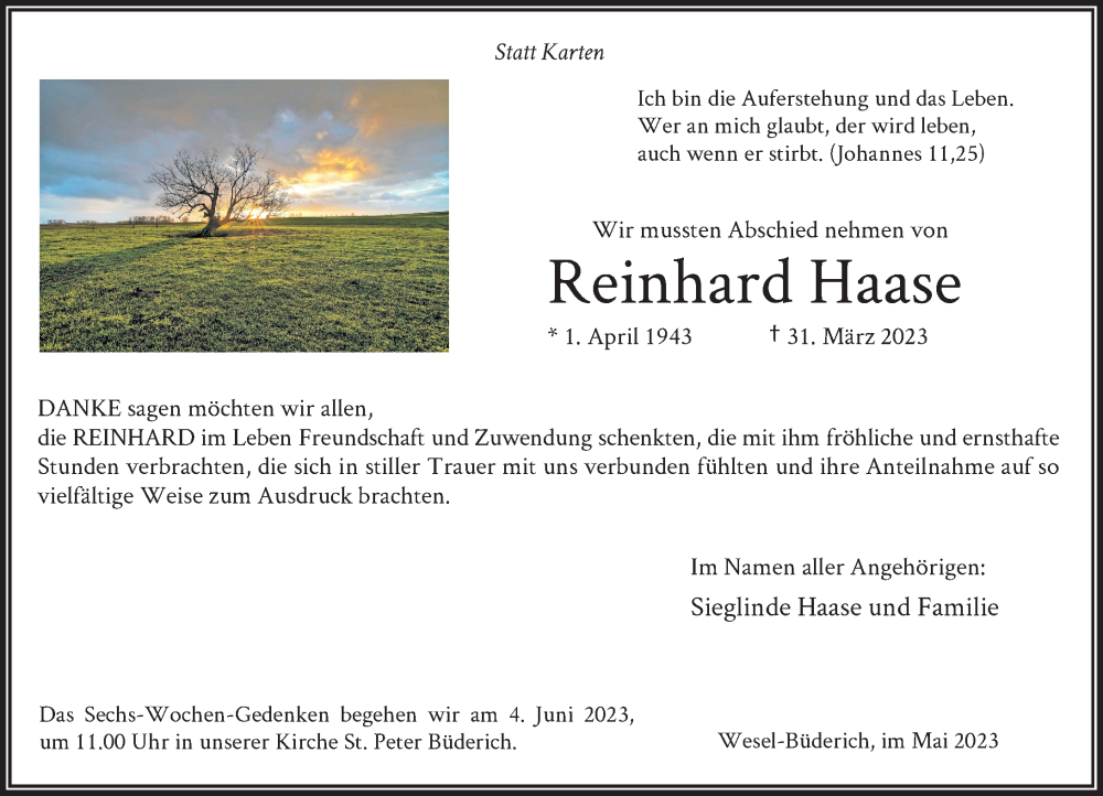  Traueranzeige für Reinhard Haase vom 31.05.2023 aus Rheinische Post