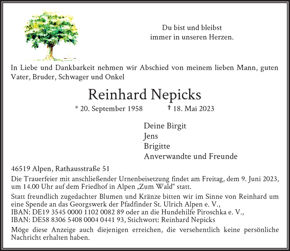  Traueranzeige für Reinhard Nepicks vom 27.05.2023 aus Rheinische Post
