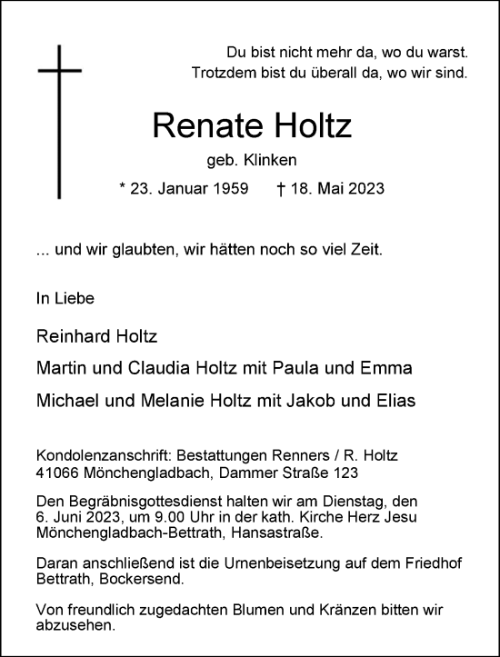 Traueranzeige von Renate Holtz von Rheinische Post