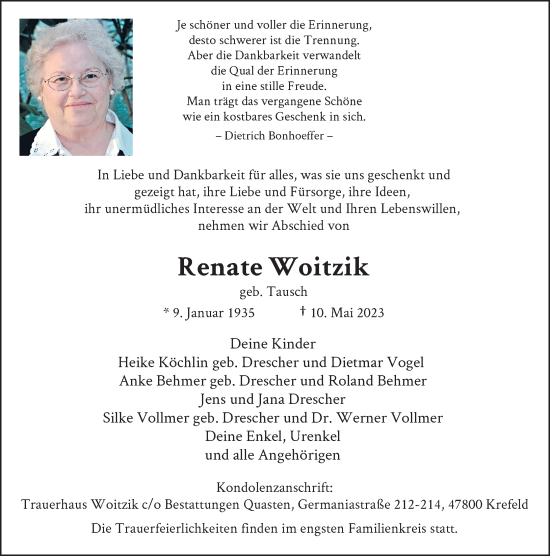 Traueranzeige von Renate Woitzik von Rheinische Post