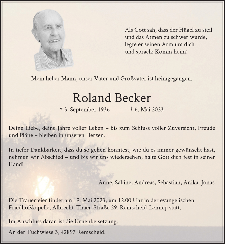  Traueranzeige für Roland Becker vom 13.05.2023 aus Rheinische Post