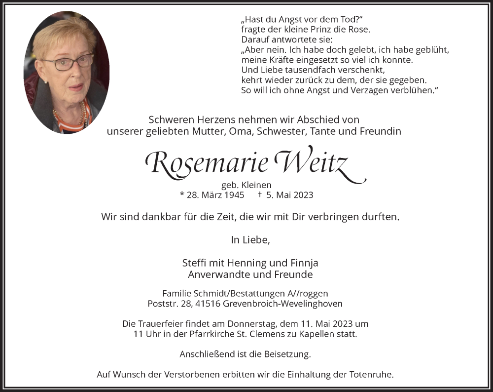  Traueranzeige für Rosemarie Weitz vom 09.05.2023 aus Rheinische Post