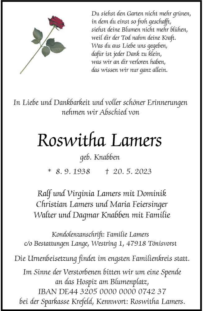  Traueranzeige für Roswitha Lamers vom 27.05.2023 aus Rheinische Post