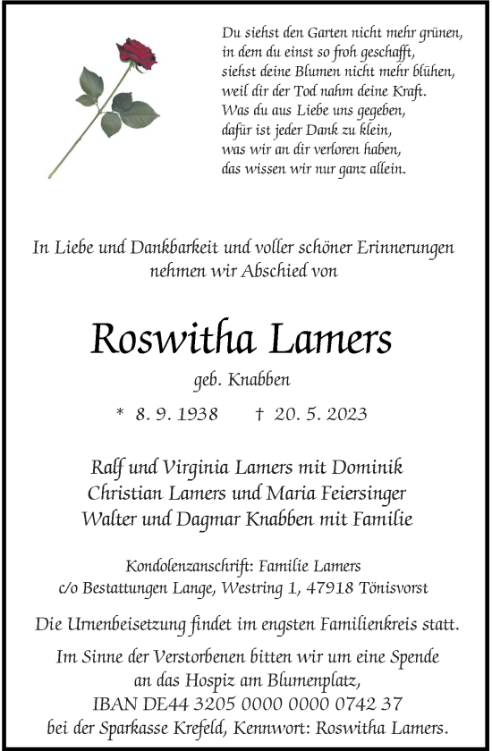 Traueranzeige von Roswitha Lamers von Rheinische Post
