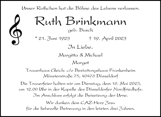 Traueranzeige von Ruth Brinkmann von Rheinische Post