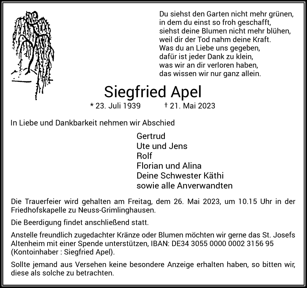  Traueranzeige für Siegfried Apel vom 24.05.2023 aus Rheinische Post