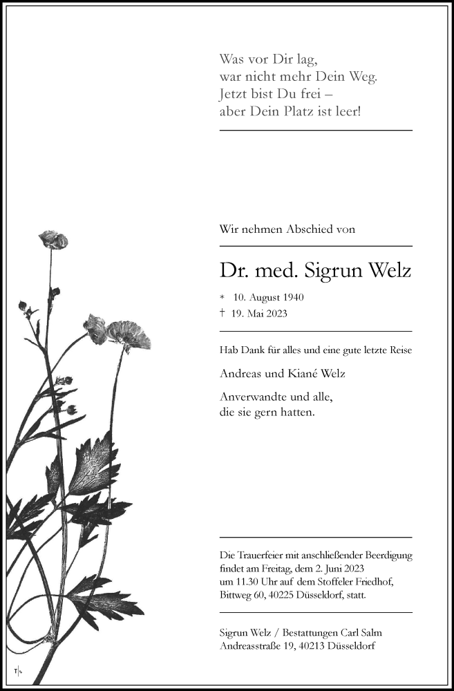  Traueranzeige für Sigrun Welz vom 27.05.2023 aus Rheinische Post