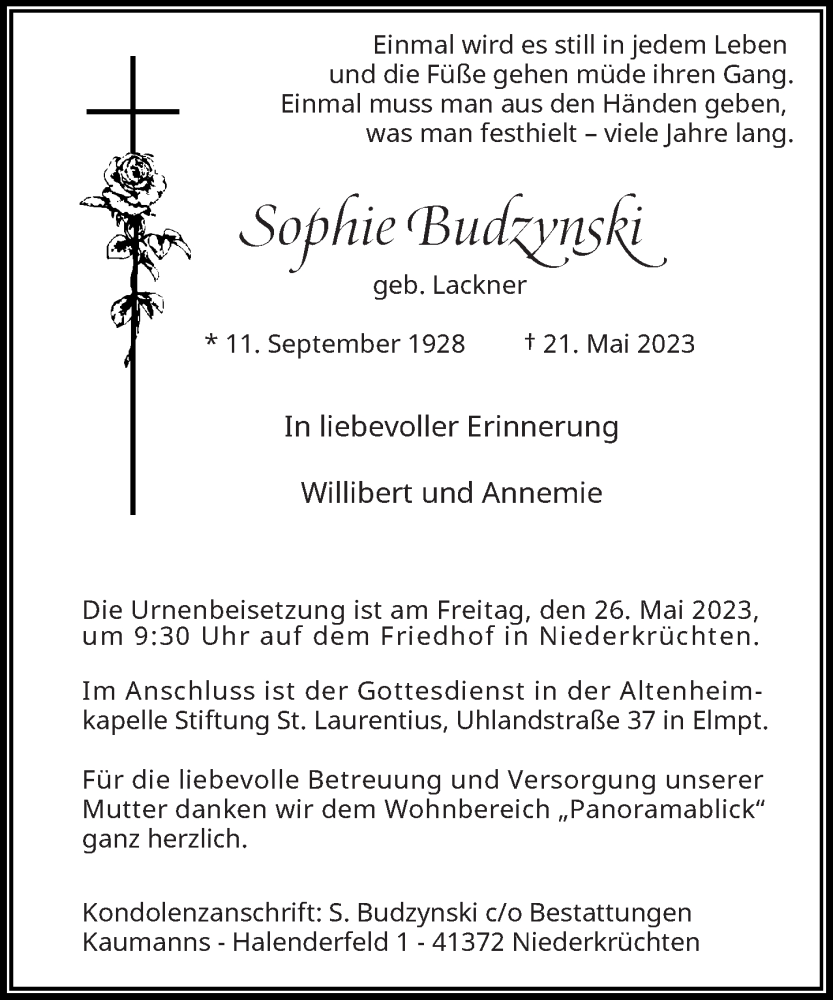  Traueranzeige für Sophie Budzynski vom 24.05.2023 aus Rheinische Post