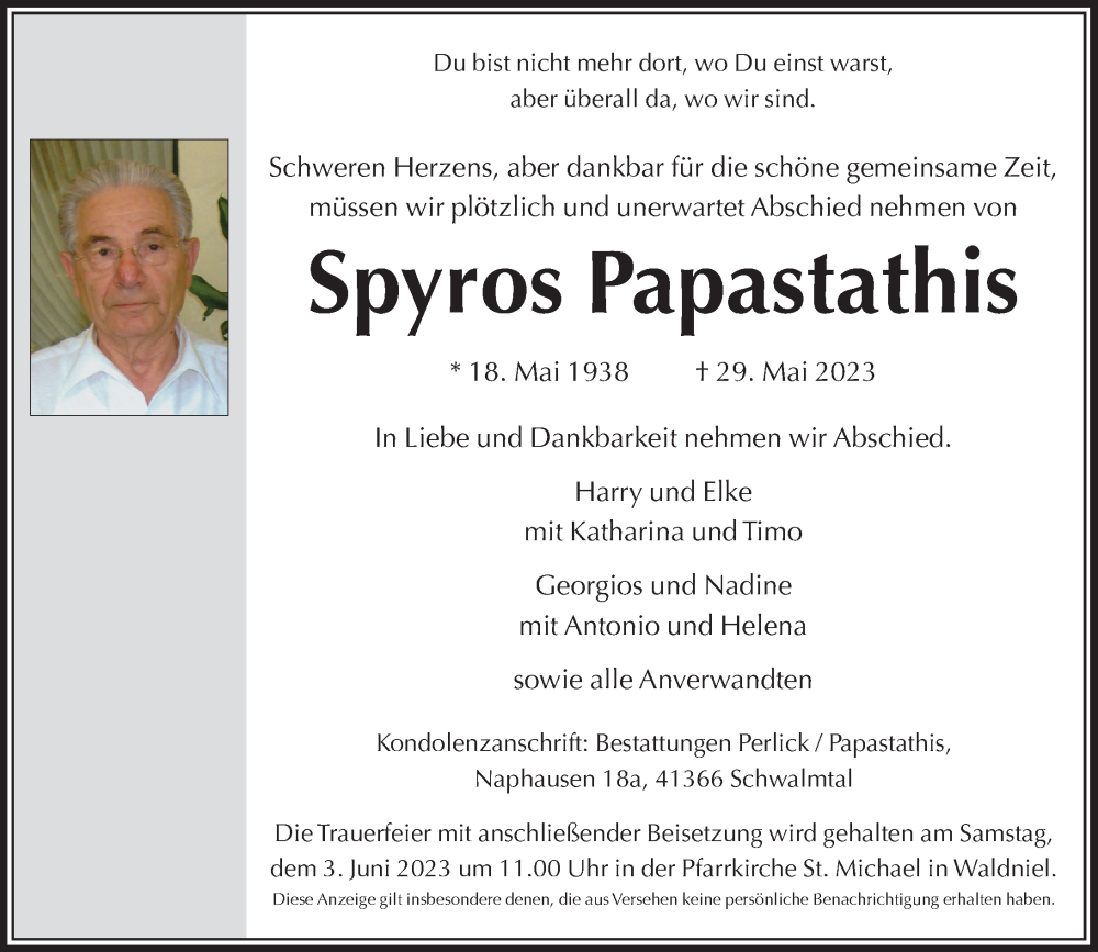  Traueranzeige für Spyros Papastathis vom 31.05.2023 aus Rheinische Post