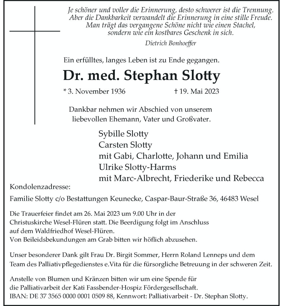  Traueranzeige für Stephan Slotty vom 24.05.2023 aus Rheinische Post