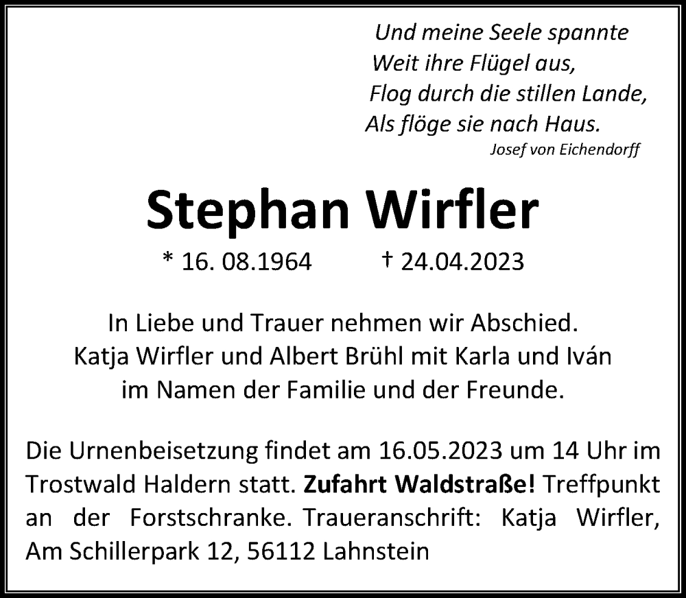  Traueranzeige für Stephan Wirfler vom 13.05.2023 aus Rheinische Post