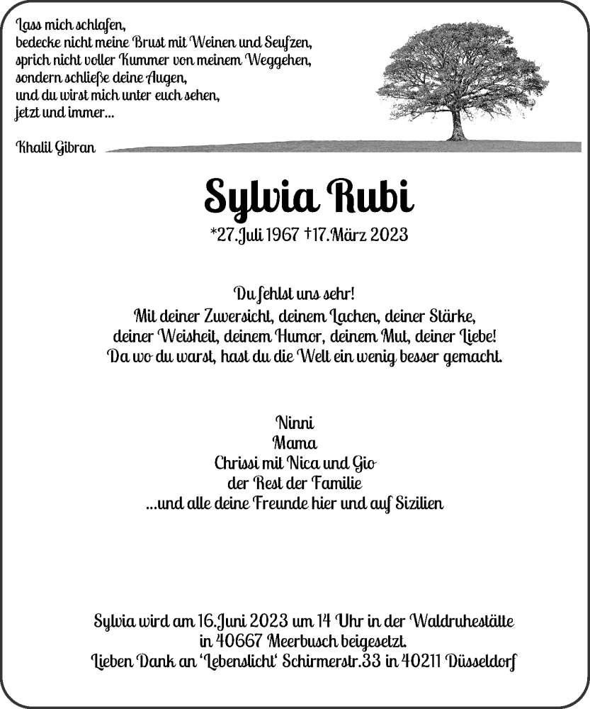  Traueranzeige für Sylvia Rubi vom 10.06.2023 aus Rheinische Post