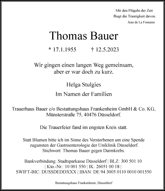 Traueranzeige von Thomas Bauer von Rheinische Post